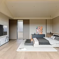 Modern Bedroom Interior With Platform Bed Nightstands Area Rug Accent Chair And Large Window