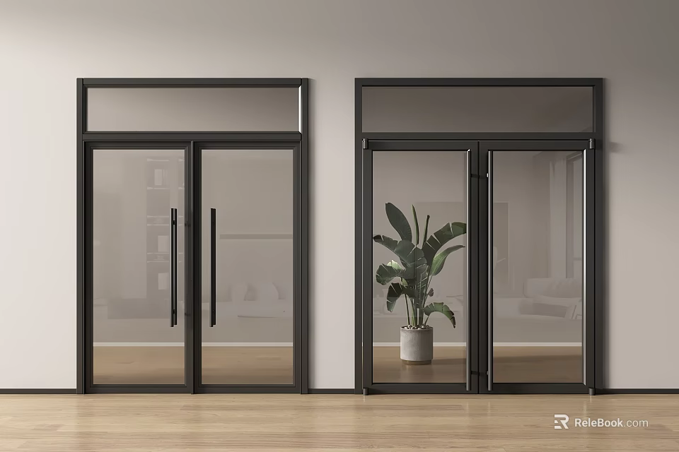 Sleek Black Framed Glass Double Doors In Indoor Space With Green Plant And Light Wall 3d model 