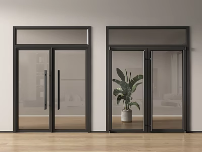 Sleek Black Framed Glass Double Doors In Indoor Space With Green Plant And Light Wall 3d model