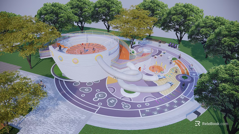 Modern Children's Play Area With Curved Slide Colorful Ground And Surrounding Green Trees 3d model 