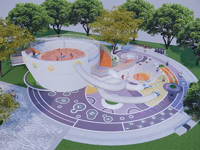 Modern Children's Play Area With Curved Slide Colorful Ground And Surrounding Green Trees 3d model