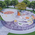 Modern Children's Play Area With Curved Slide Colorful Ground And Surrounding Green Trees