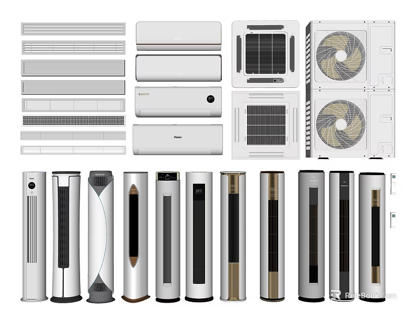Various Styles of Air Conditioner Fans Featuring Wall Mounted Floor Standing and Outdoor Models 3d model 