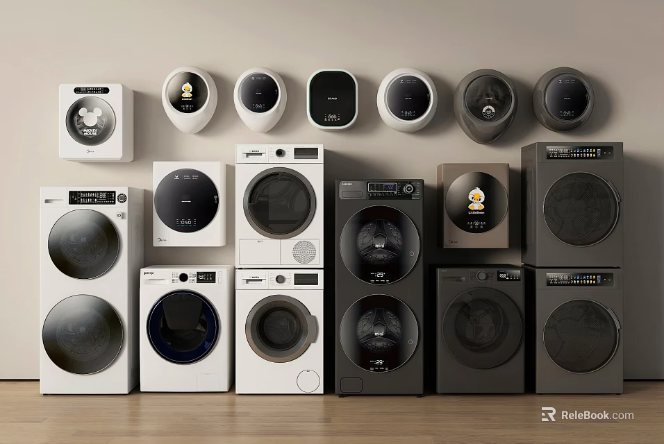 Modern Washing Machines In Various Styles And Colors For Home Laundry Room 3d model 