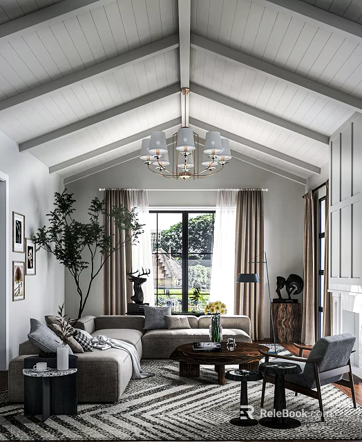 Elegant Living Room Interior With High Ceiling Chandelier Large Window Curtains And Sofa 3d model 