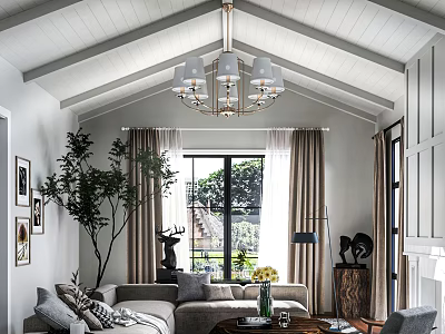 Elegant Living Room Interior With High Ceiling Chandelier Large Window Curtains And Sofa 3d model