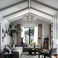 Elegant Living Room Interior With High Ceiling Chandelier Large Window Curtains And Sofa