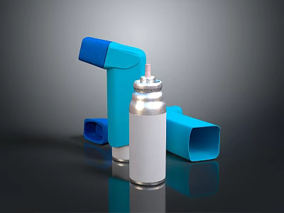 Portable Medical Electronic Inhaler Device with Blue Casing and Silver Canister 3d model