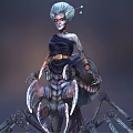 Blue Haired Fantasy Character Riding Spider Like Creature With White Face Paint Spiked Legs