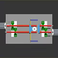 Mechanical Device Assembly With Gray Base Green Brackets Red Yellow Blue Components
