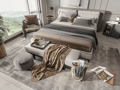 Modern Double Bed Bedroom Interior with Nightstand Lamp Armchair Soft Blanket and Scenic View 3d model
