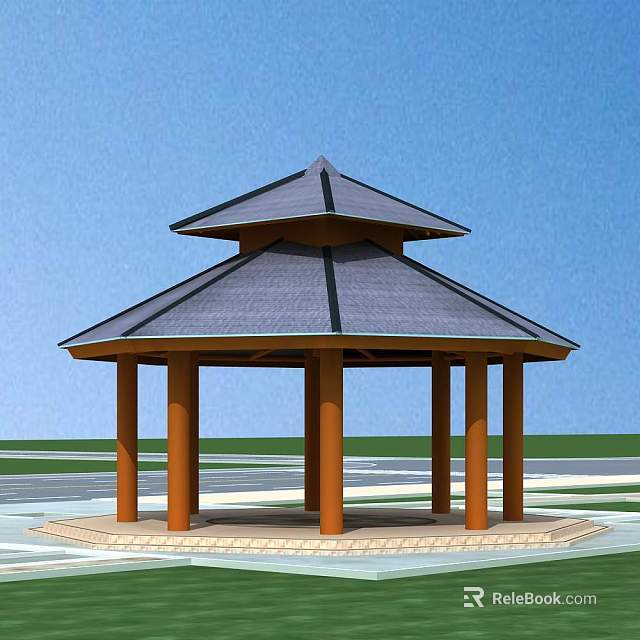 Traditional Pavilion With Two Tiered Roof Brown Pillars Under Blue Sky And Green Grass 3d model 