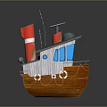 Cartoon Style Wooden Boat With Red Chimney Blue Windows And White Lifebuoys