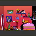 Pink Themed Kids Bedroom Interior With Bed Bookshelf Toys And Decorations