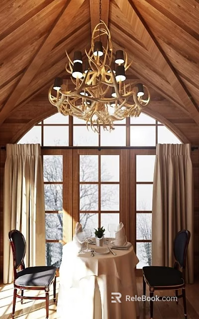 Wooden Dining Table Set With Antler Chandelier Arched Ceiling And Large Windows 3d model 