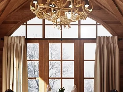 Wooden Dining Table Set With Antler Chandelier Arched Ceiling And Large Windows 3d model