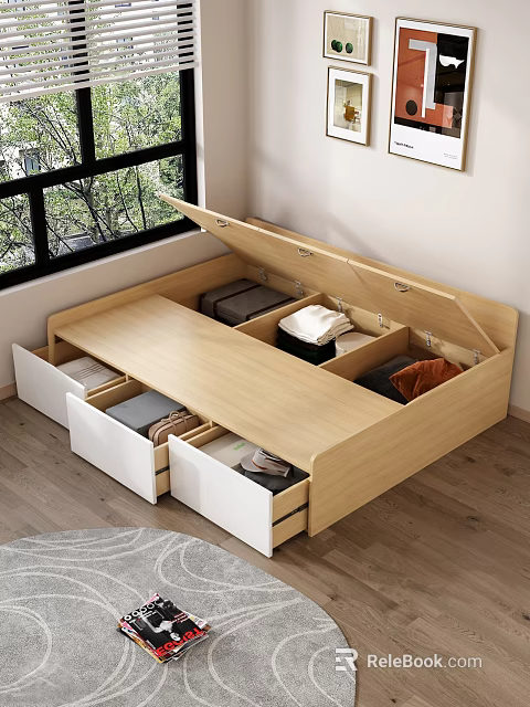 Light Wood Storage Bed With Drawers And Lift Up Compartment For Clothes And Blankets 3d model 