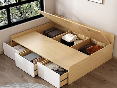 Light Wood Storage Bed With Drawers And Lift Up Compartment For Clothes And Blankets 3d model