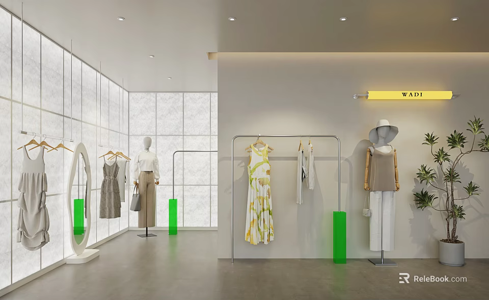 Clothing Store Interior With Mannequins Garment Racks Dresses White Walls And Green Pillars 3d model 