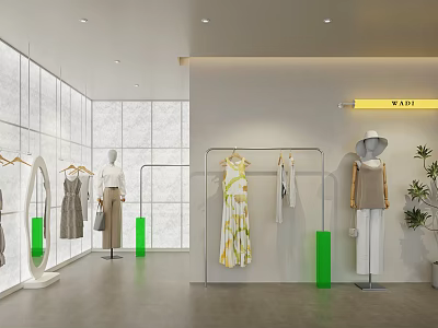 Clothing Store Interior With Mannequins Garment Racks Dresses White Walls And Green Pillars 3d model