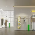 Clothing Store Interior With Mannequins Garment Racks Dresses White Walls And Green Pillars