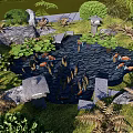 Garden Water Fountain with Koi Fish Lotus Leaves Stone Pathways and Green Plants