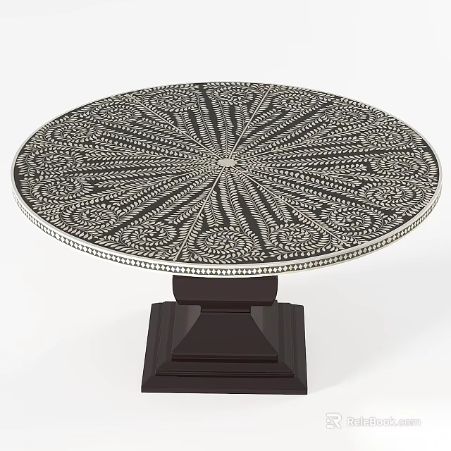 Decorative Round Dining Table With Intricate Radiant Pattern On Dark Square Base 3d model