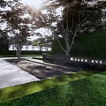 Modern Residential Landscape Entrance with Metal Grille Pathway Framing Green Plants and Sky