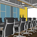 Modern Conference Room Interior Design Featuring Long Table Black Chairs And Yellow Wall Decor