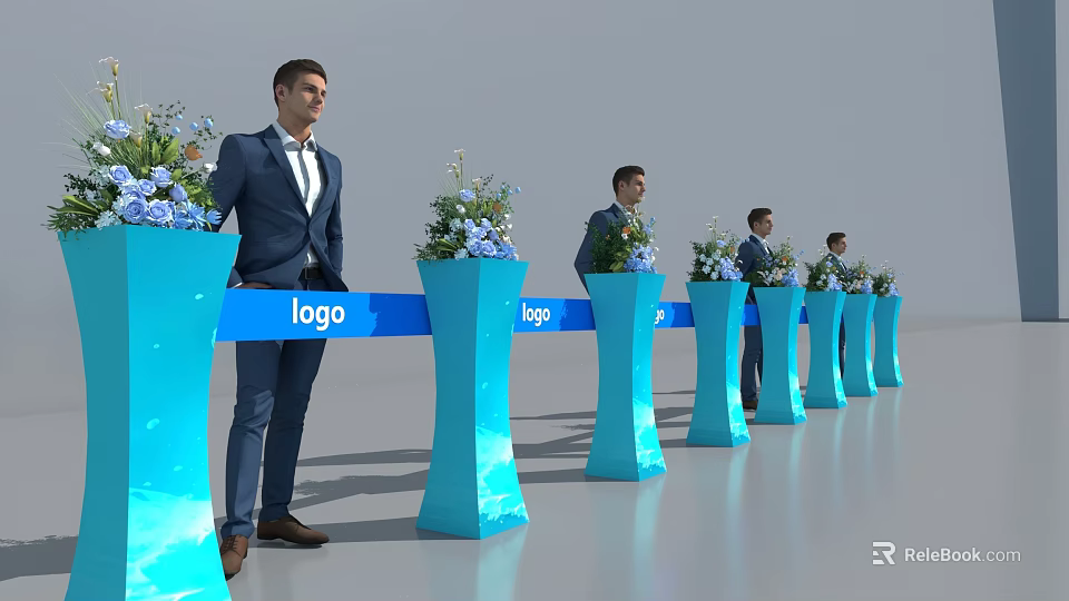 Blue Stanchion Line With Logo Flower Arrangements And Men In Suits 3d model 