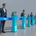 Blue Stanchion Line With Logo Flower Arrangements And Men In Suits