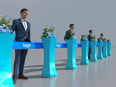 Blue Stanchion Line With Logo Flower Arrangements And Men In Suits 3d model