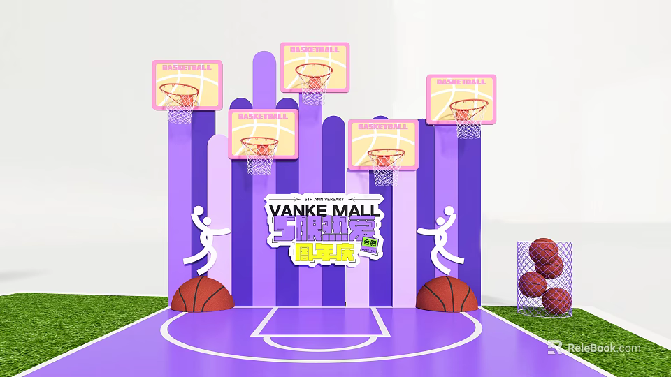 Vanke Mall Interactive Zone with Basketball Hoops Human Silhouettes Basketballs and Purple Decorations 3d model 