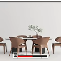 Dining Table Set With Modern Brown Chairs And Vase With Plant 3d model