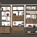 Traditional Wooden Chinese Display Shelves with Decorative Vases Tea Sets and Books