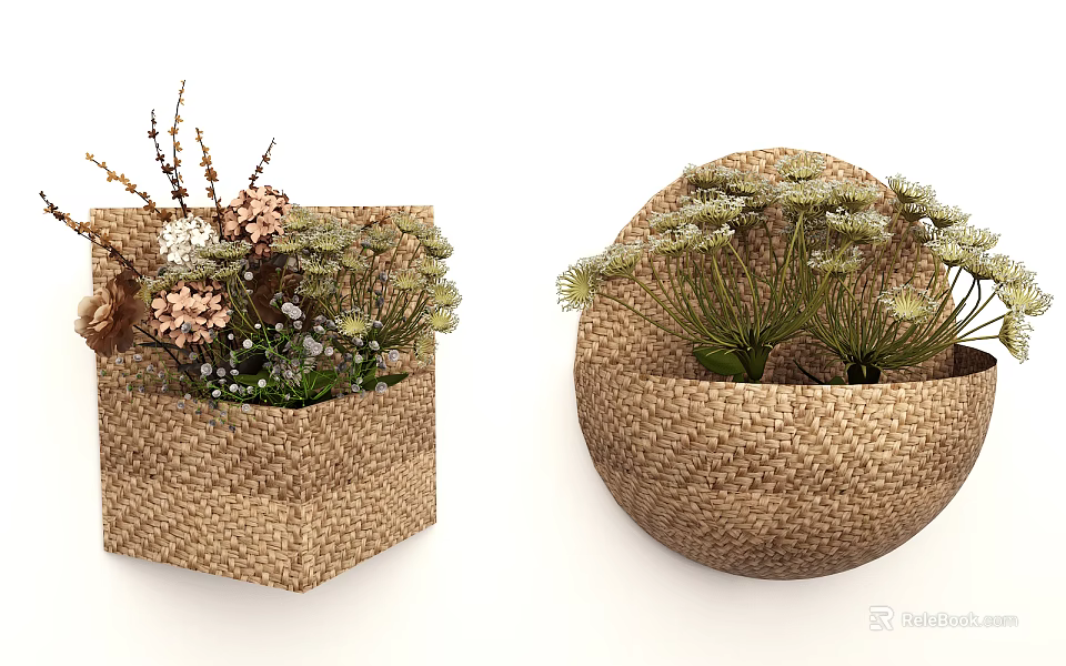Woven Basket Shaped Decorative Wall Hanging With Dried Flowers And Green Plants 3d model 