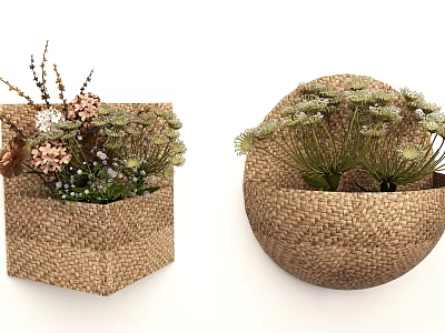 Woven Basket Shaped Decorative Wall Hanging With Dried Flowers And Green Plants 3d model