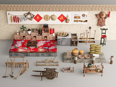 Traditional Rustic Garden Decorative Pieces With Farm Tool Models Potted Plants And Woven Items 3d model