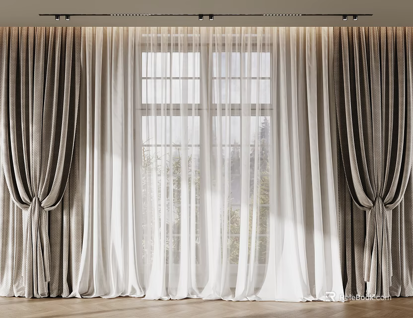 Elegant Curtain Design With Double Layer Sheer Panels And Large Window 3d model 