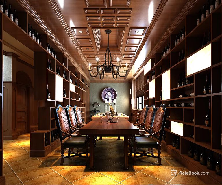 Luxury Private Dining Room Interior With Wooden Carved Ceiling Chandelier Wine Cabinets And Leather Chairs 3d model 