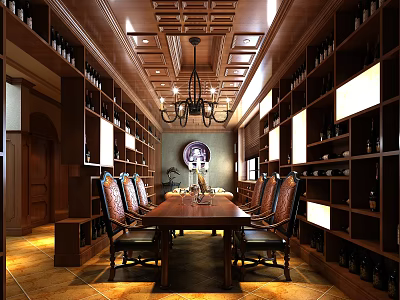 Luxury Private Dining Room Interior With Wooden Carved Ceiling Chandelier Wine Cabinets And Leather Chairs 3d model