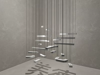 Suspended Hanging Decor With Irregular Metal Strips On Gray Background And Floor Reflections 3d model