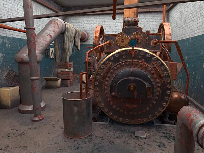 Old Industrial Machine With Rusted Pipes And Metal Barrel In Workshop Setting 3d model