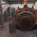 Old Industrial Machine With Rusted Pipes And Metal Barrel In Workshop Setting