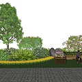 Vibrant Flowers and Plants Surrounding Bench in Lakeside Garden with Lush Green Trees