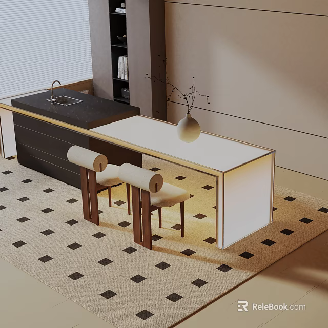Modern Dining Table Set With White Top And Wooden Chairs On Checkered Rug 3d model 