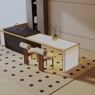 Modern Dining Table Set With White Top And Wooden Chairs On Checkered Rug 3d model