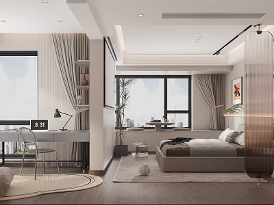 Modern Bedroom Interior Design With Bed Window Curtains Desk Chair And Area Rug 3d model