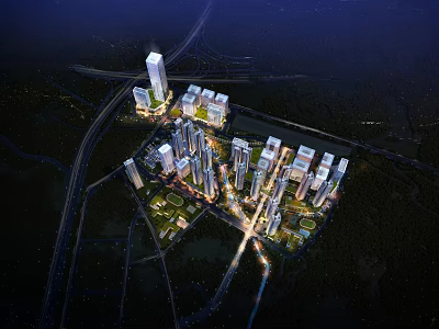 Residential Complex Night Aerial View with Well Planned Layout Surrounding Roads and Green Spaces 3d model