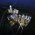 Residential Complex Night Aerial View with Well Planned Layout Surrounding Roads and Green Spaces